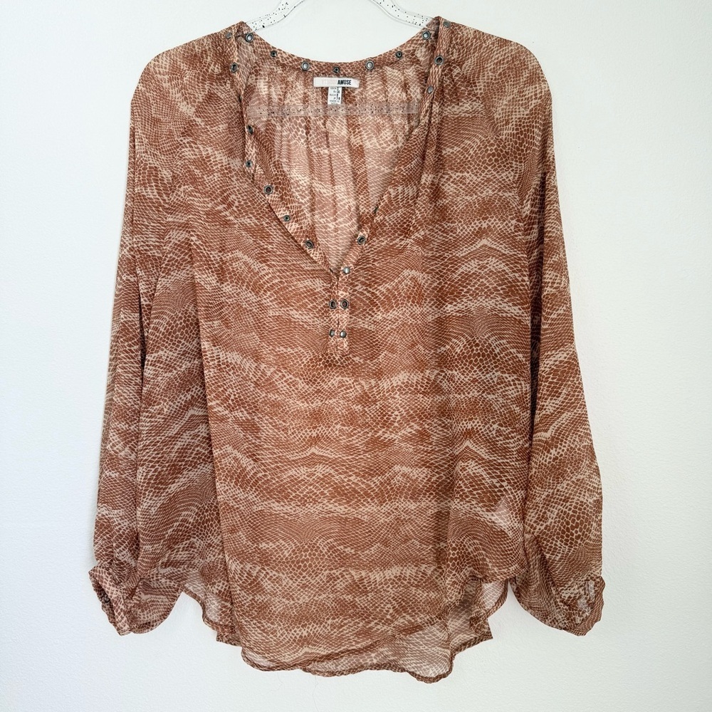 AMUSE SOCIETY Boho Brown Snake Print Long Sleeve Sheer Blouse Womens Size S